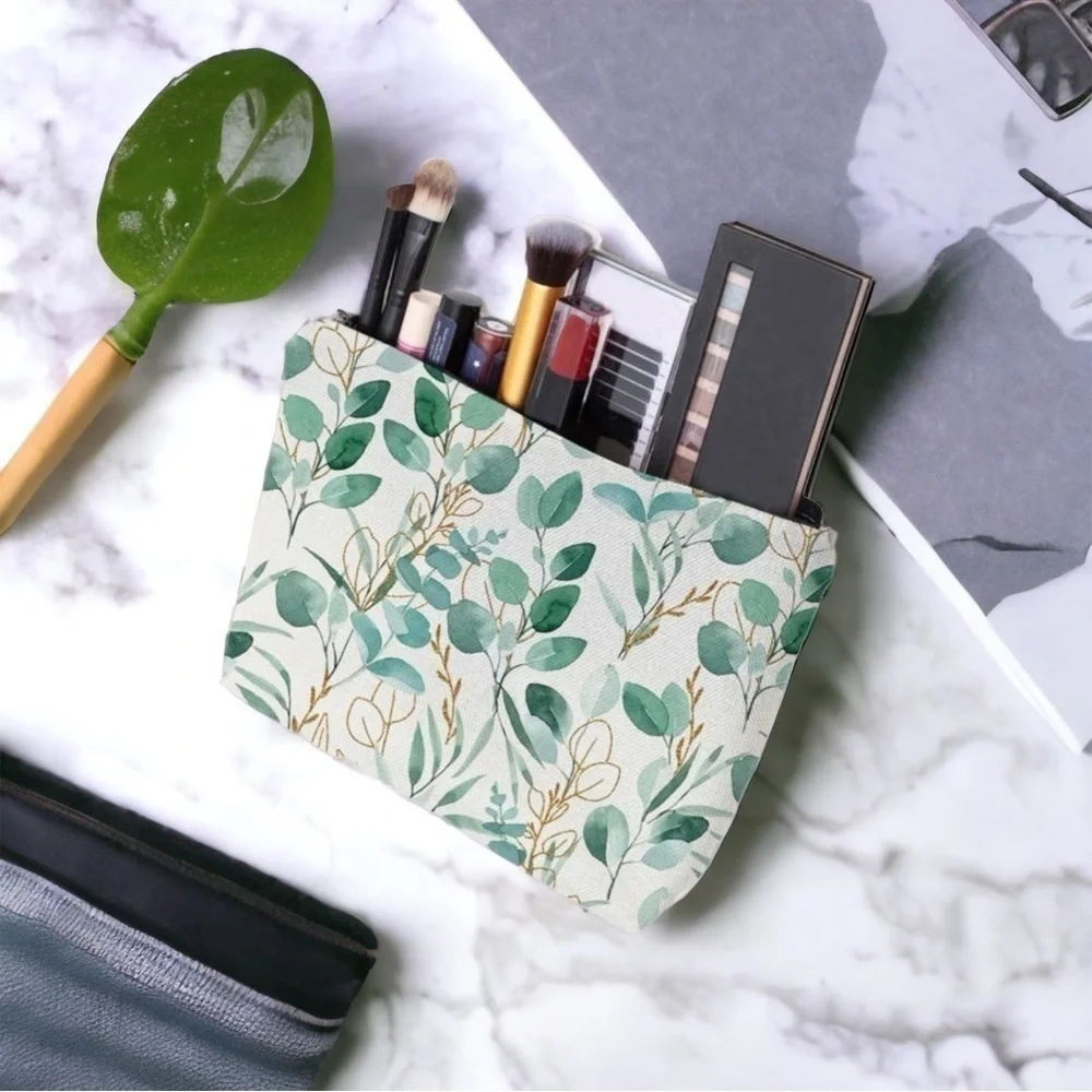 LEAF PRINT CANVAS FABRIC MAKEUP COSMETIC BAG